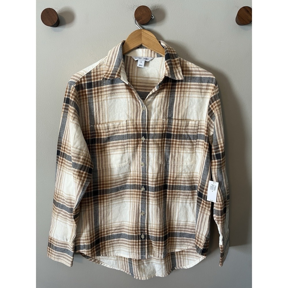 New! Old Navy‎ Flannel The Boyfriend Shirt Plaid Cream Brown Women's Size Medium